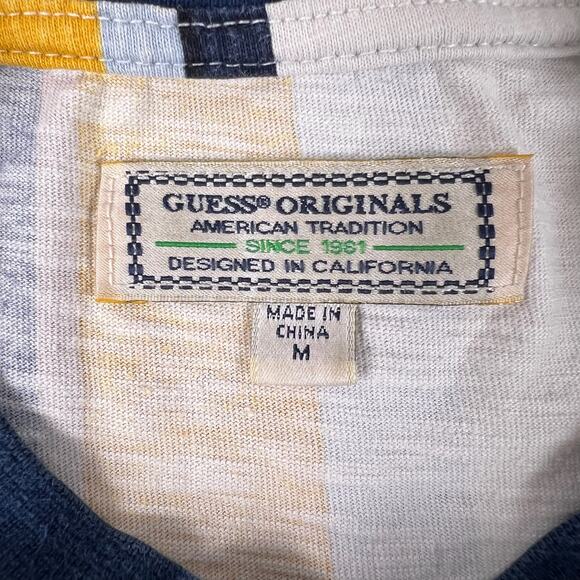 Vintage Guess Y2K Stripe Tee M | Yellow Embroidered Logo Spell-Out Cotton Crew - Picture 6 of 12
